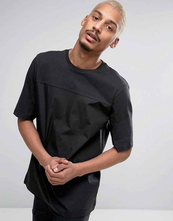 Asos Longline T-shirt With Woven Front In Black - Black