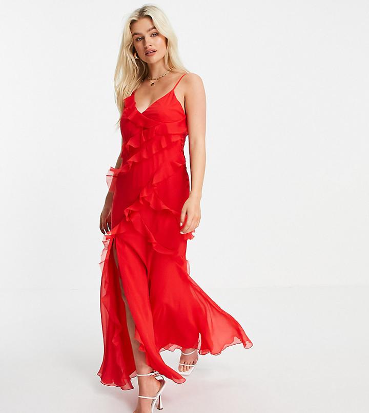 Asos Design Petite Tiered Ruffle Detail Maxi Dress With Tie Back And Button Side