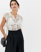 Closet Lace Frill Detail V-neck Top - White