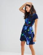 Yumi Belted Dress In Bold Floral Print - Navy