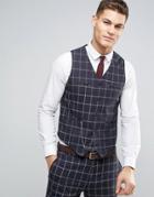 Asos Wedding Skinny Suit Vest In Navy And White Windowpane Check In 100% Wool - Navy
