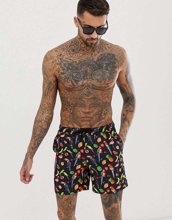 Asos Design Swim Shorts In Tropical Bird & Plant Print In Mid Length-black