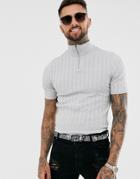 Asos Design Knitted Ribbed Half-zip T-shirt In Light Gray Twist