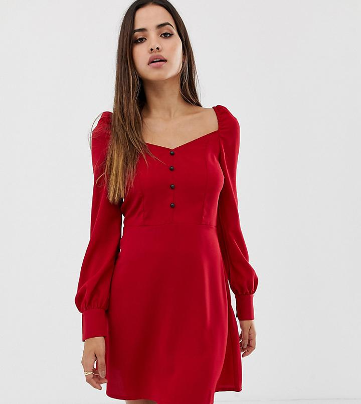 Prettylittlething Sweetheart Neckline Balloon Sleeve Skater Mini Dress In Red - Red