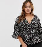 Fashion Union Plus Long Sleeved Wrap Blouse In Floral-black