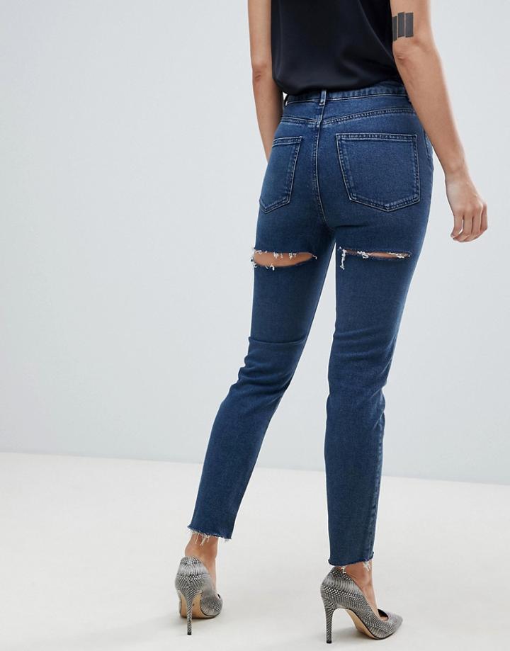 Asos Design Recycled High Rise Farleigh 'slim' Mom Jeans In Blue Wash With Bum Rip-blues