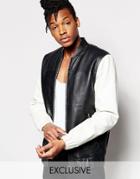 Black Dust Leather Varsity Jacket With Contrast Sleeves