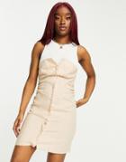 Asos Design Jersey Tank Button Through Sleeveless Linen Mini Dress In Beige-neutral