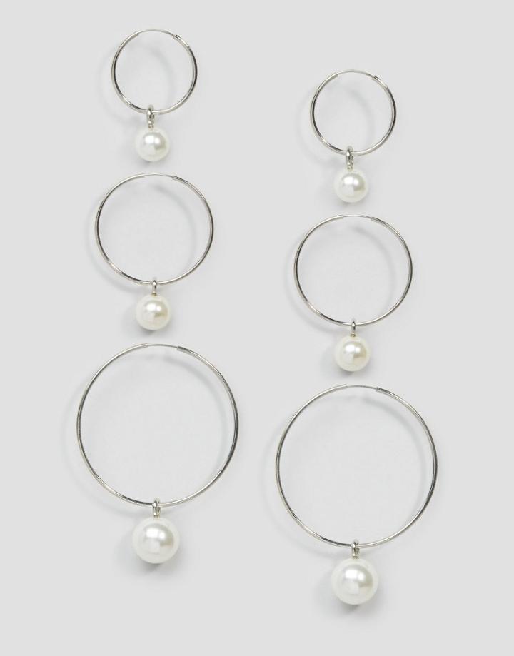 Asos Pack Of 3 Faux Pearl Hoop Earrings - Rhodium
