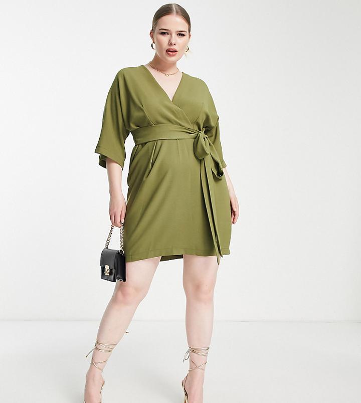 Closet London Plus Tie Back Wrap Front Mini Dress In Olive-green