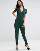 Asos Wrap Front Jersey Jumpsuit With Short Sleeve - Green