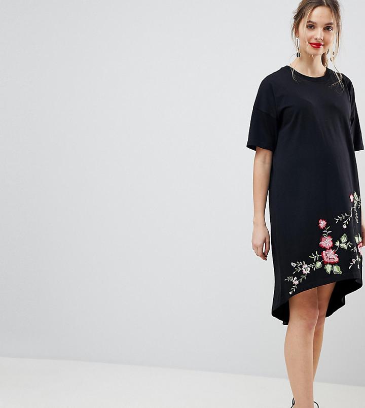 Asos Design Maternity Embroidered Hem T-shirt Dress With Hi Lo Hem-black
