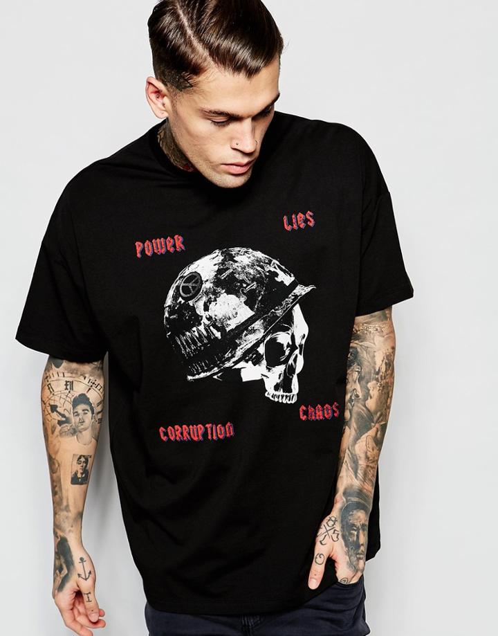 Asos Super Oversized T-shirt With Half Sleeves And Skull Print - Black