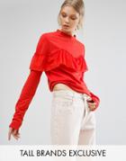 Daisy Street Tall Long Ruffle Front Top - Red