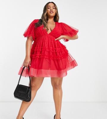 Lace & Beads Plus Plunge Front Tiered Mini Dress In Red