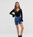 See You Never Acid Wash Long Line Raw Hem Shorts-blue