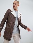 Boohooman Faux Suede Coat With Fleece Lining In Brown - Brown