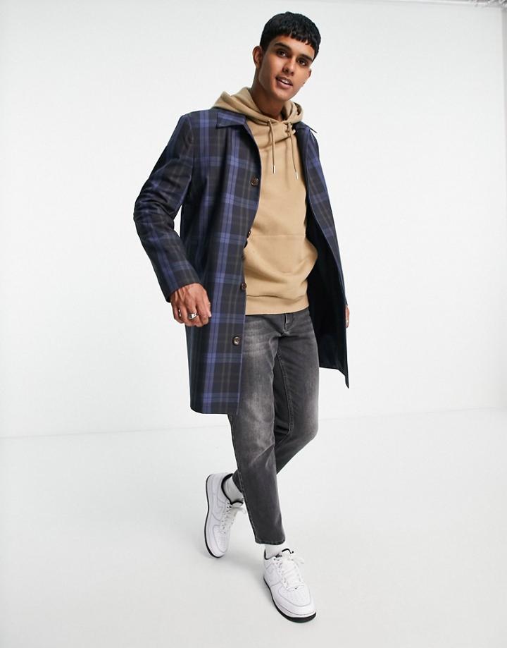 Asos Design Shower Resistant Trench Coat In Navy Check