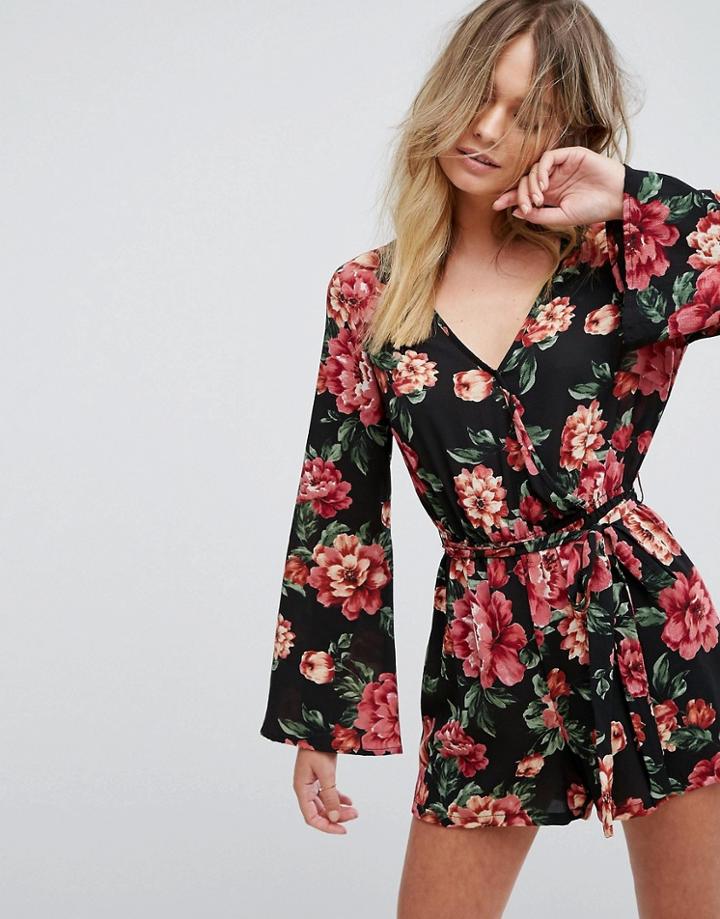 New Look Long Sleeve Floral Romper - Black