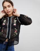 New Look Long Sleeve Embroidered Blouse - Black