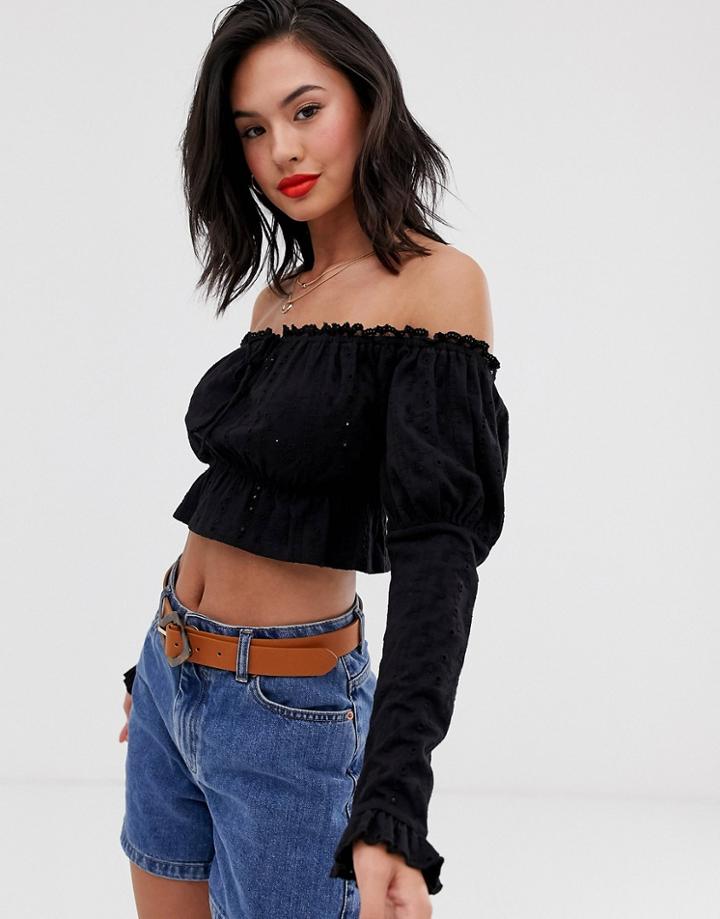 Asos Design Bardot Top In Broidery - Black