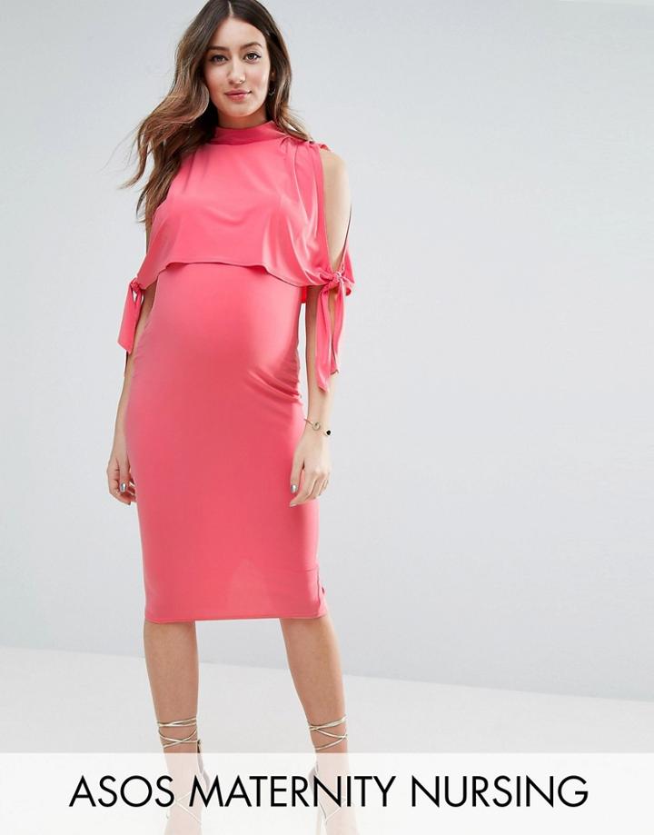 Asos Maternity Nursing Dress With High Neck And Tie Sides - Orange