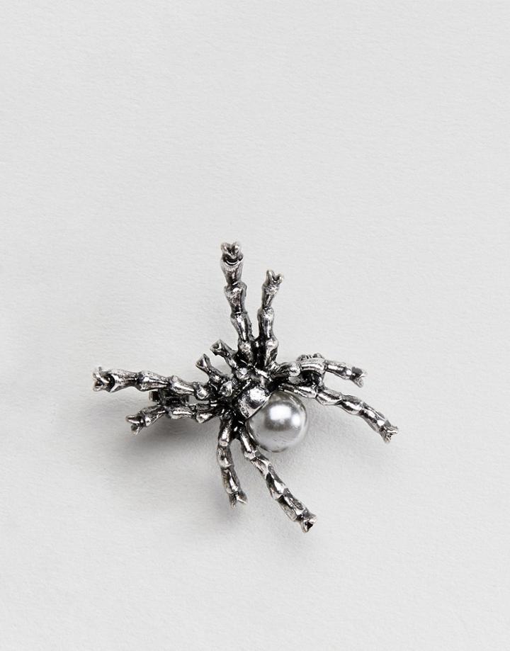 Asos Design Spider Halloween Brooch With Faux Pearl - Silver