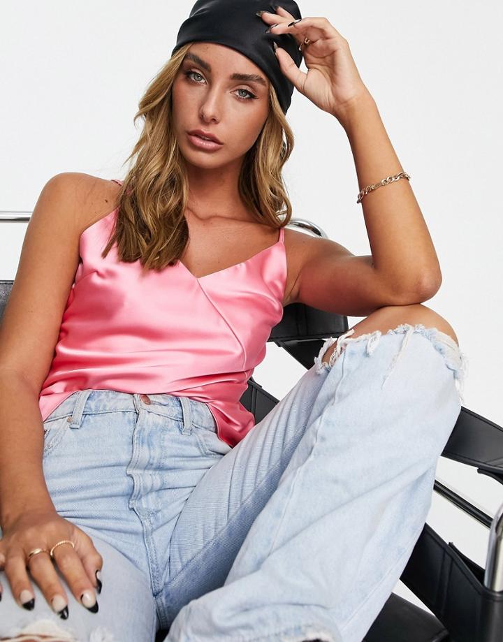 River Island Asymmetric Seamed Satin Cami In Bright Pink