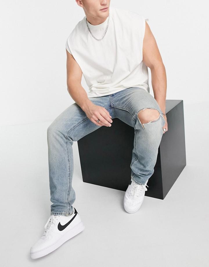 Asos Design Cone Mill Denim Slim Fit 'american Classic' Jeans In Vintage Dirty Wash Blue With Knee Rip-blues