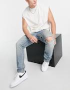 Asos Design Cone Mill Denim Slim Fit 'american Classic' Jeans In Vintage Dirty Wash Blue With Knee Rip-blues