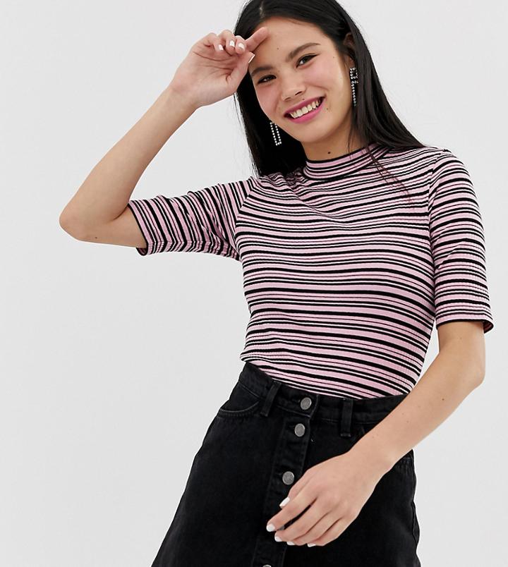 Monki Stripe High Neck T-shirt In Pink - Brown
