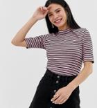 Monki Stripe High Neck T-shirt In Pink - Brown
