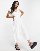 Asos Design Lace Trim Midi Dress With Tie Sides In Cream-white