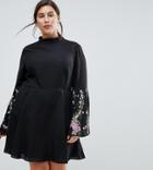 Asos Curve Fluted Sleeve Embroidered Skater Mini Dress - Black