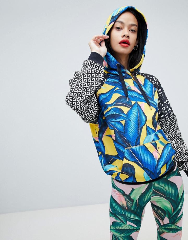 Adidas Originals X Farm Hoodie With Trefoil Logo In Tropical Print - Multi