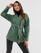 Asos Design Collarless Jacket With Contrast Stitching In Khaki - Green