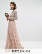 Maya Petite Long Sleeve Sequin Top Maxi Tulle Dress With Deep V Back -