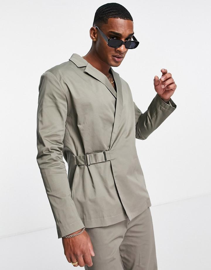 Bando Set Slim Fit Wrap Around Blazer In Sage-green