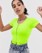 The Ragged Priest Zip Front Knitted Crop Top In Rib-green