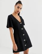 Asos Design Faux Horn Button Through Mini Tea Dress - Black