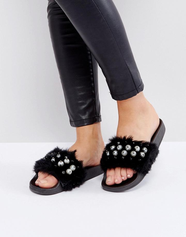 Truffle Pearl Fur Slide - Black