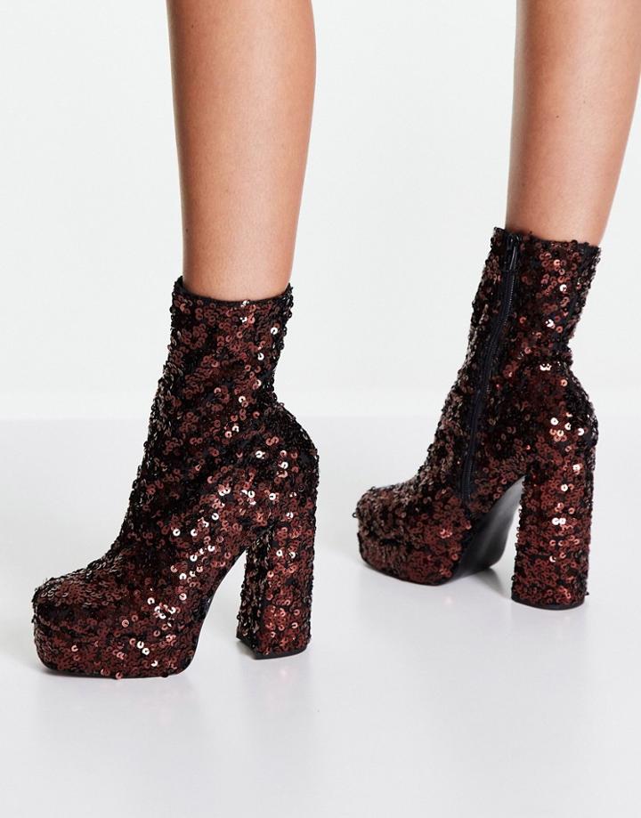 Asos Design Extrovert High-heeled Platform Boots In Brown Sequin