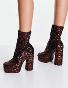 Asos Design Extrovert High-heeled Platform Boots In Brown Sequin