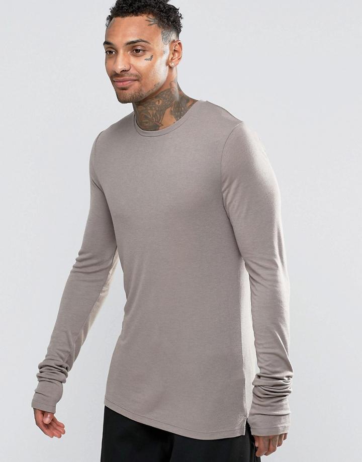 Asos Fine Rib Super Longline Muscle Long Sleeve T-shirt With Stacked Sleeves In Gray - Gray