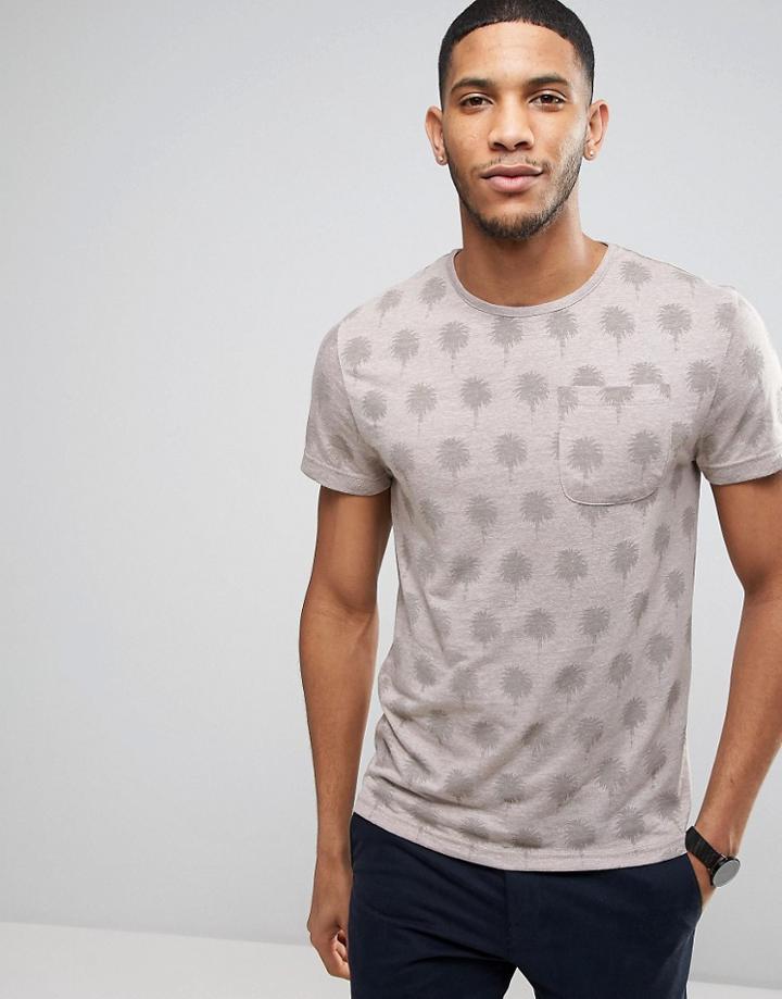 Bellfield T-shirt In Palm Print With Pocket - Stone