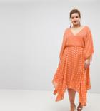 Asos Curve Flutter Sleeve Midi Dress With Hanky Hem In Glitter Spot - Orange