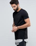 Asos Super Longline T-shirt With Batik Print Curved Hem Extender - Black