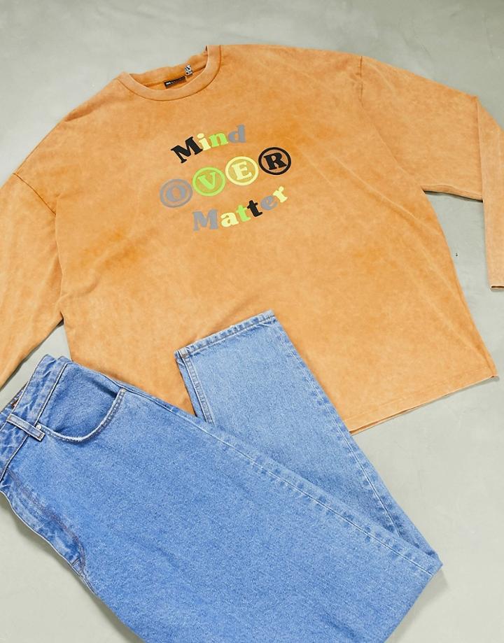 Asos Design Oversized Long Sleeve Acid Wash Heavyweight T-shirt In Orange With Text Print