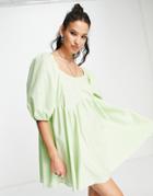 Asos Design Cotton Jumbo Scallop Puff Sleeve Smock Dress In Apple-green