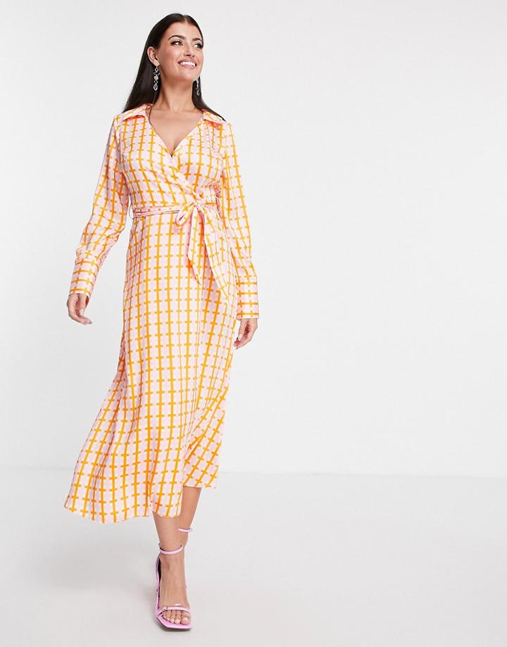 Asos Design Wrap Midi Dress With Collar In Pink Check Print-multi